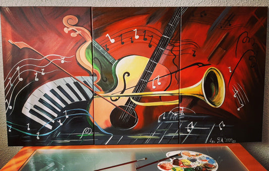 Óleo_Lino_Instrumentos_Musicales_lienzo_cuadro_guitarra_trompeta_violin_piano_notas_musicales_pared_comedor_salita_salon